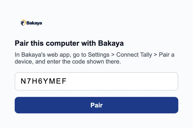 Bakaya Agent window on Windows: Pair this computer with Bakaya, with a code field and Pair button