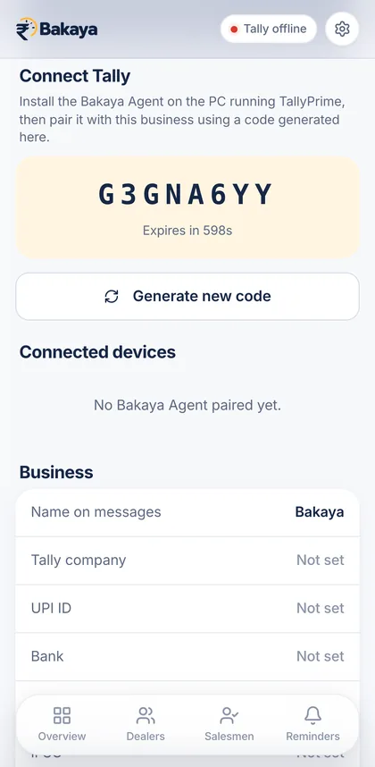 Connect Tally screen showing a one-time pairing code that expires in 598 seconds