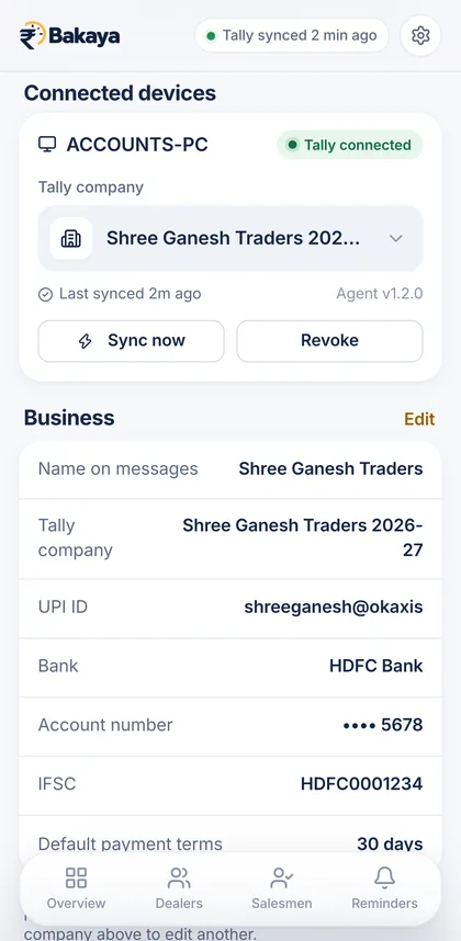Connected devices: ACCOUNTS-PC, Tally connected, last synced 4 minutes ago, with Sync now and Revoke buttons